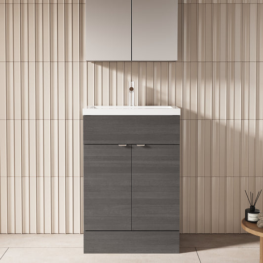 Hudson Reed Fusion 600mm Anthracite Woodgrain Floor Standing 2 Door Vanity Unit with Basin and Handles