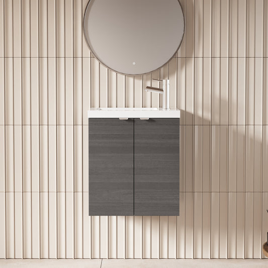 Hudson Reed Fusion Compact 500mm Anthracite Woodgrain Wall Hung 2 Door Vanity Unit & Polymarble Basin