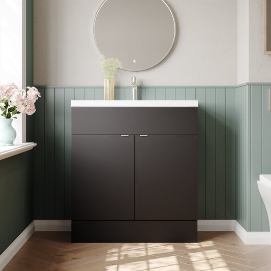 Hudson Reed Fusion 805mm Gloss Grey Floor Standing 2 Door Vanity Unit With Polymarble Basin