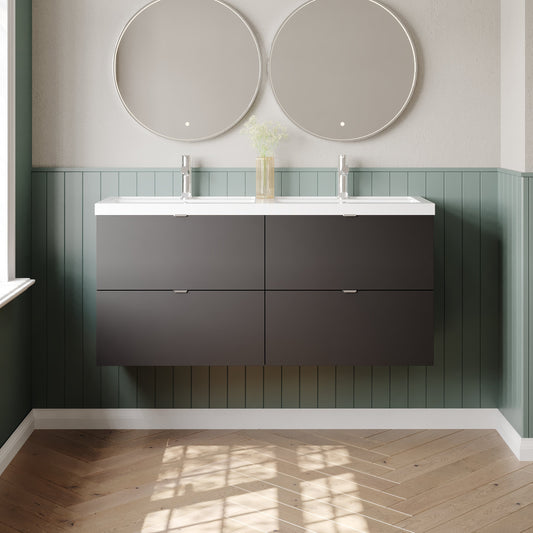 Hudson Reed Fusion 1200mm Gloss Grey Wall Hung 4 Drawer Vanity Unit with Double Polymarble Basin