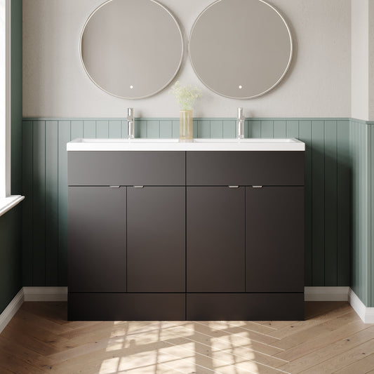 Hudson Reed Fusion 1200mm Gloss Grey Floor Standing 4 Drawer Vanity Unit With Twin Ceramic Basin