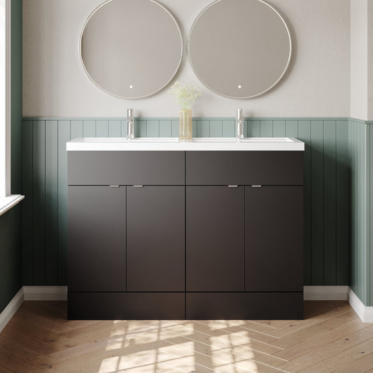 Hudson Reed Fusion 1200mm Gloss Grey Floor Standing 4 Door Vanity Unit with Twin Basin & Soft Close Doors