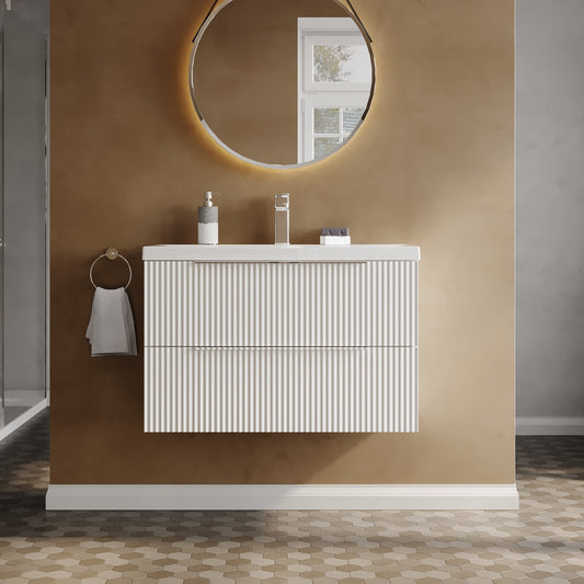Hudson Reed Fluted 800mm Satin White Wall Hung 2-Drawer Vanity Unit With Basin