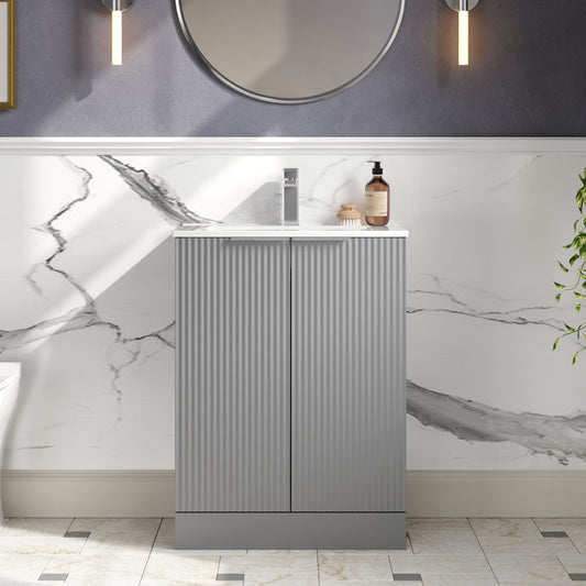 Hudson Reed Fluted 600mm Satin Grey Floor Standing 2-Door Vanity Unit With Basin