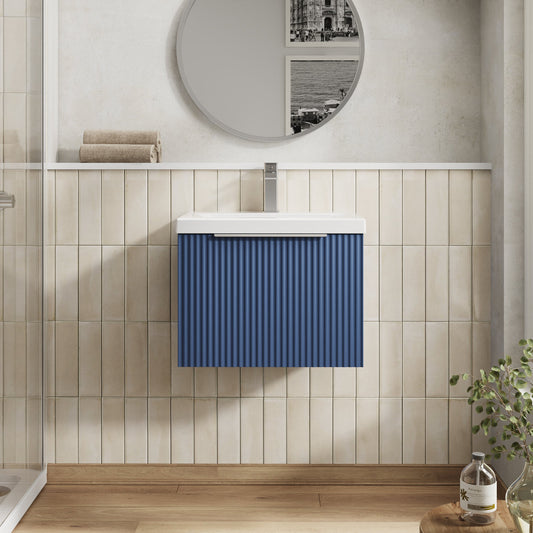 Hudson Reed Fluted 500mm Satin Blue Wall Hung Single Drawer Vanity Unit With Basin