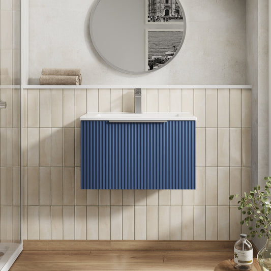 Hudson Reed Fluted 600mm Satin Blue Wall Hung Single Drawer Vanity Unit With Basin