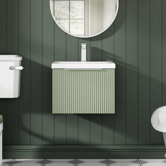 Hudson Reed Fluted 510mm Satin Green Wall Hung Single Drawer Vanity Unit With Basin