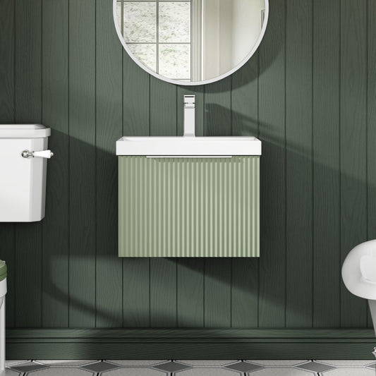 Hudson Reed Fluted 500mm Satin Green Wall Hung Single Drawer Vanity and Basin