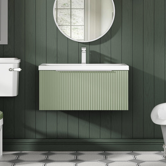 Hudson Reed Fluted 800mm Wall Hung Satin Green Single Drawer Vanity Unit Including Basin