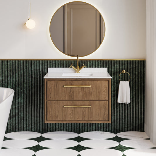 Hudson Reed Lille 800mm Antique Oak Wall Hung 2-Drawer Vanity Unit with Marble Worktop Basin