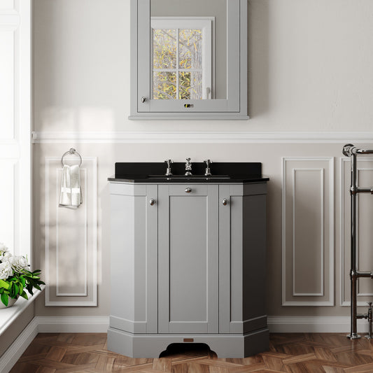 Hudson Reed Old London 786mm Storm Grey Floor Standing 3 Door Vanity Unit with 3 Tap Hole Black Marble Top Basin