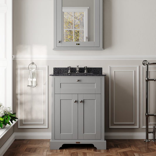 Hudson Reed Old London 600mm Storm Grey Floor Standing 2 Door Vanity Unit with 3 Tap Hole Black Marble Top