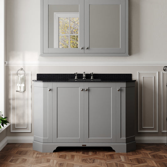 Hudson Reed Old London 1200mm Storm Grey Floor Standing 4 Door Vanity Unit With 3 Tap Hole Black Marble Top Basin