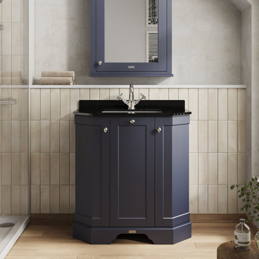 Hudson Reed Old London Twilight Blue Floor Standing 3 Door Vanity Unit With Black Marble Top Basin