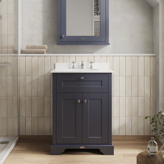 Hudson Reed Old London 600mm Twilight Blue Floor Standing 2 Door Vanity Unit With 3 Tap Hole White Marble Top Basin