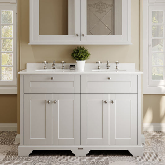 Hudson Reed Old London 1200mm Floor Standing 4 Door Vanity Unit With 3 Tap Hole White Marble Double Basin