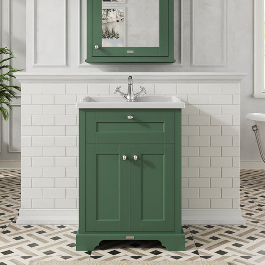 Hudson Reed Old London 600mm Hunter Green Floor Standing 2 Door Vanity Unit with 1 Tap Hole Ceramic Basin