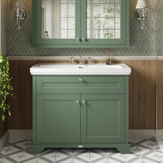 Hudson Reed Old London 1030mm Hunter Green 2-Door Floor Standing Basin Unit With 3 Taphole Fireclay Basin