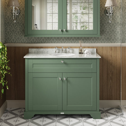 Hudson Reed Old London Hunter Green Floor Standing 2 Door Vanity Unit With 3 Tap Hole White Marble Top Basin