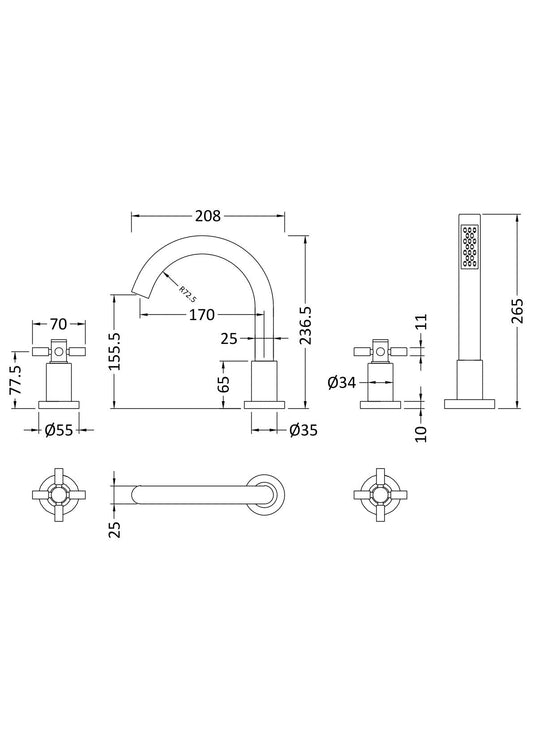 Hudson Reed Tec Crosshead 4 Tap Hole Bath Mixer Tap Including Shower Kit and Hose Retainer