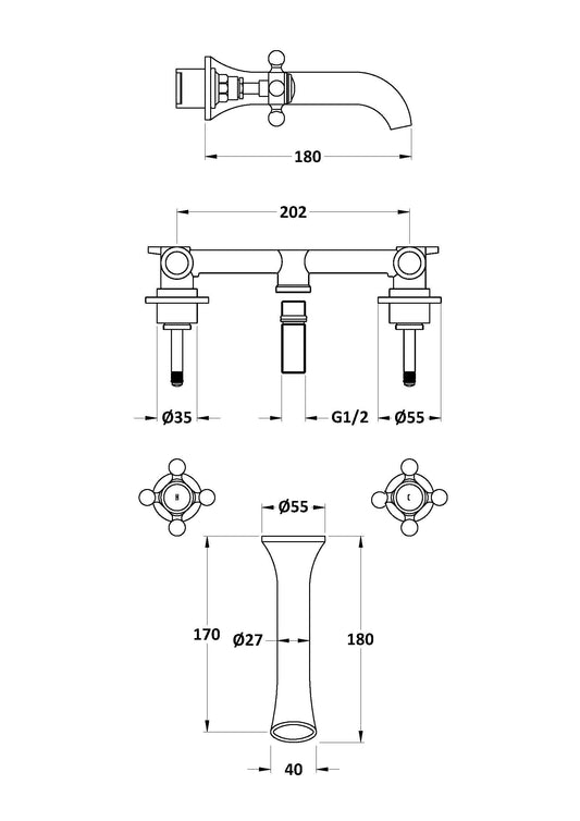 White Topaz With Crosshead Handle 3 Tap Hole Wall Mounted Basin Mixer
