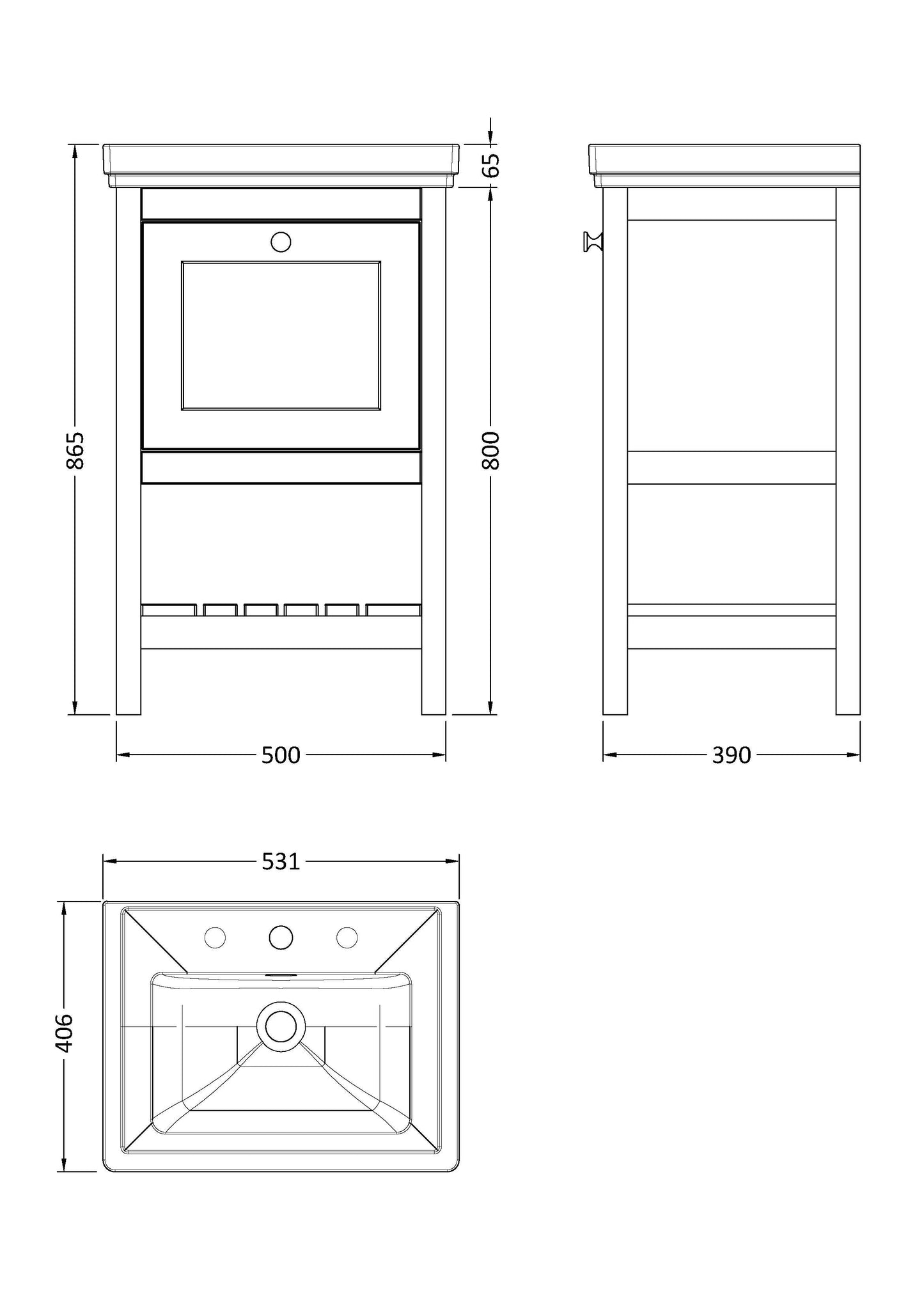 Hudson Reed Bexley 500mm Pure White Floor Standing 1 Drawer Vanity Unit with 3 Tap Hole Fireclay Basin