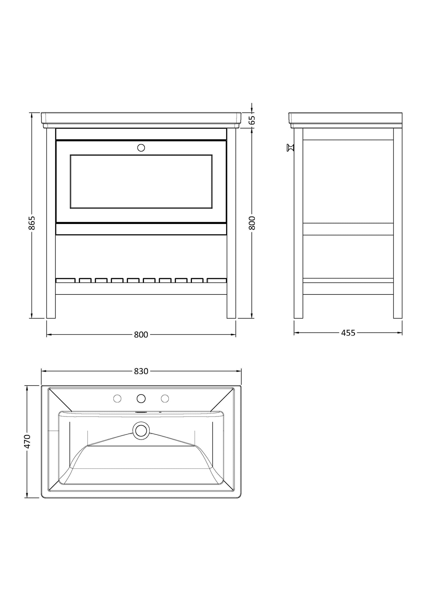 Hudson Reed Bexley 800mm Floor Standing 1 Drawer Vanity Unit with 3 Tap Hole Fireclay Basin