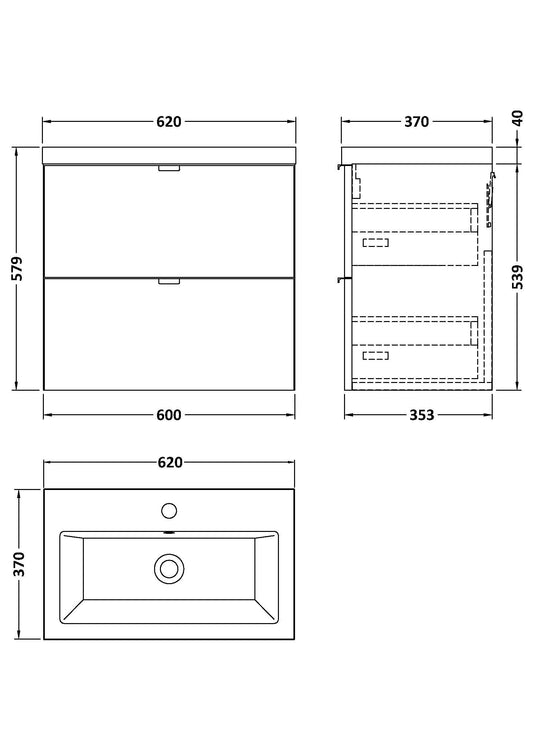 Hudson Reed Fusion 600mm Wall Hung 2 Drawer Vanity Unit & Ceramic Basin With Soft Close Drawers