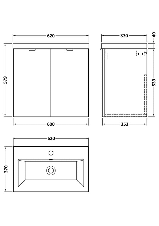 Hudson Reed Fusion 600mm Wall Hung Gloss White 2 Door Vanity Unit & Basin With Soft-Close Doors