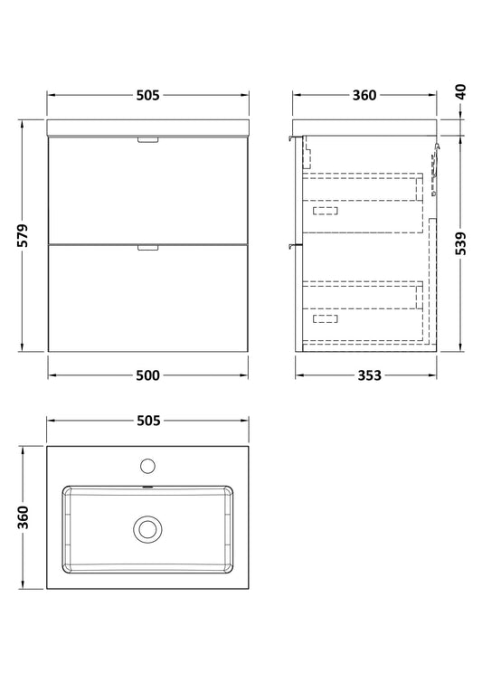 Hudson Reed Fusion 500mm Wall Hung 2 Drawer Vanity Unit & Basin