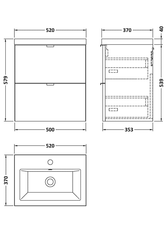 Hudson Reed Fusion 500mm Gloss White Wall Hung 2 Drawer Vanity Unit & Basin With Soft Close Drawers