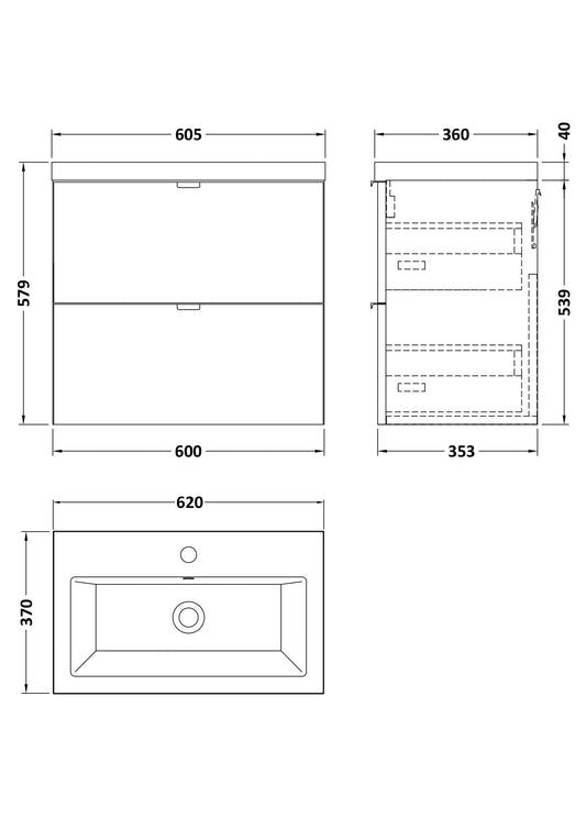 Hudson Reed Fusion 600mm Bleached Oak Wall Hung 2-Drawer Unit & Basin With Soft Close Drawers