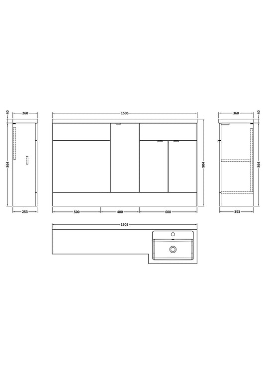 Hudson Reed Fusion 1500mm Right Hand Pebble Grey Combination Unit With 2 Handles