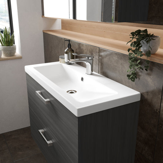 Hudson Reed Fusion 800mm Anthracite Woodgrain Wall Hung 2 Drawer Soft Close Vanity Unit & Basin