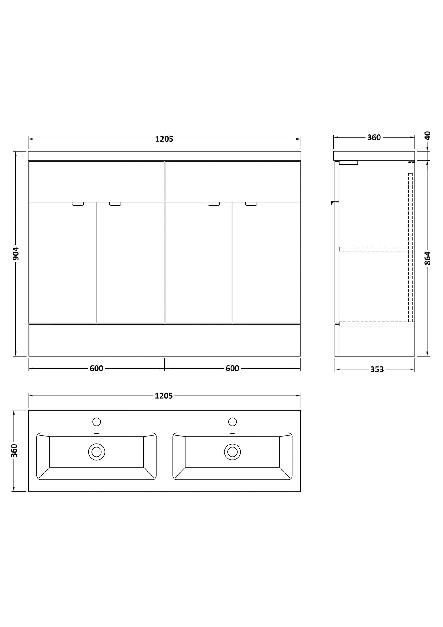 Hudson Reed Fusion 1208mm Charcoal Black Floor Standing Vanity Unit With Twin Ceramic Basin