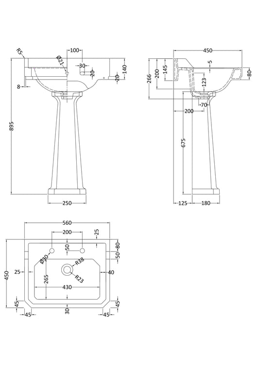 Hudson Reed Richmond 565mm Traditional 2 Tap Hole Basin & Pedestal