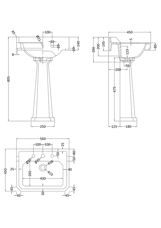 Hudson Reed Richmond 560mm 3 Tap Hole Basin & Pedestal