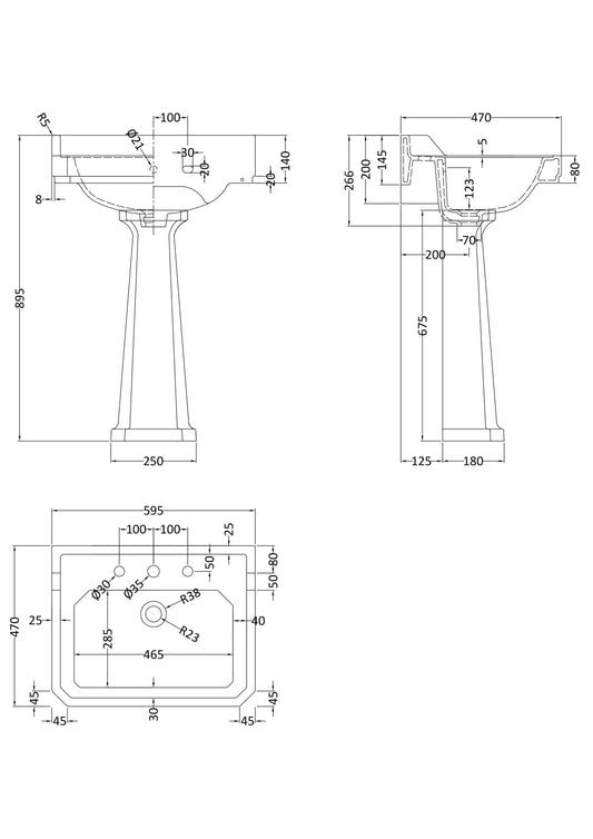 Hudson Reed Richmond 600mm 3 Tap Hole Basin & Pedestal