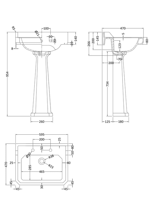 Hudson Reed Richmond 600mm Comfort Height Pedestal Basin 2 Tap Hole