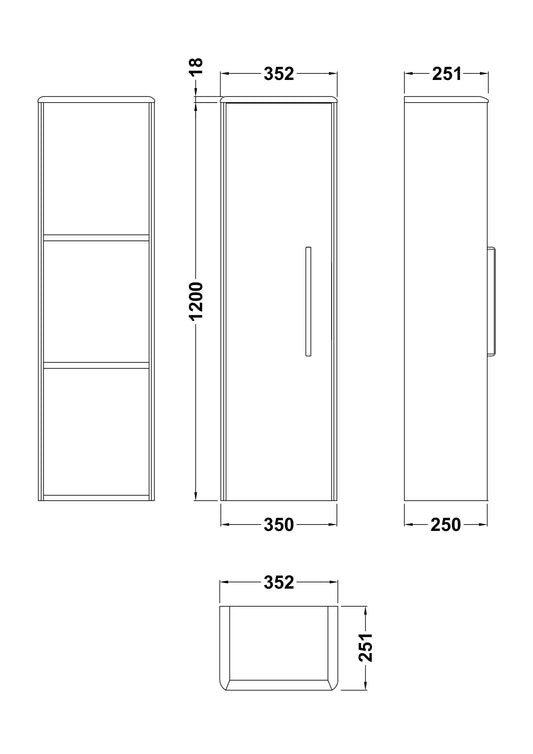 Hudson Reed Solar 350mm 1 Door Pure White Wall Hung Tall Cabinet With Handles