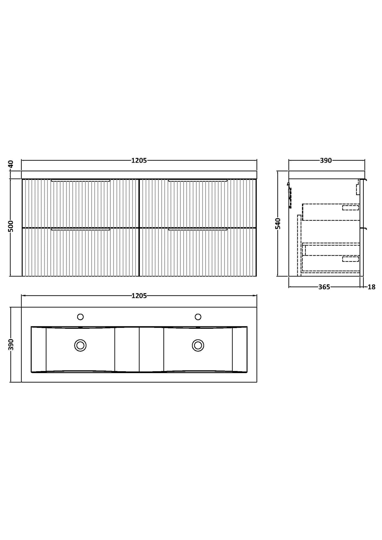 Hudson Reed Fluted 1200mm Satin White Wall Hung 4-Drawer Vanity Unit With Double Basin