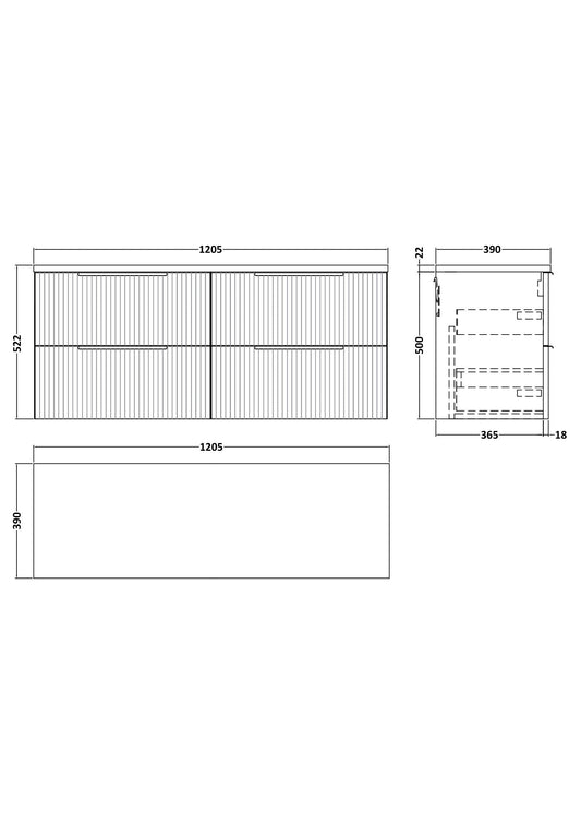 Hudson Reed Fluted 1200mm Satin Grey Wall Hung 4-Drawer Vanity Unit With Laminate Worktop