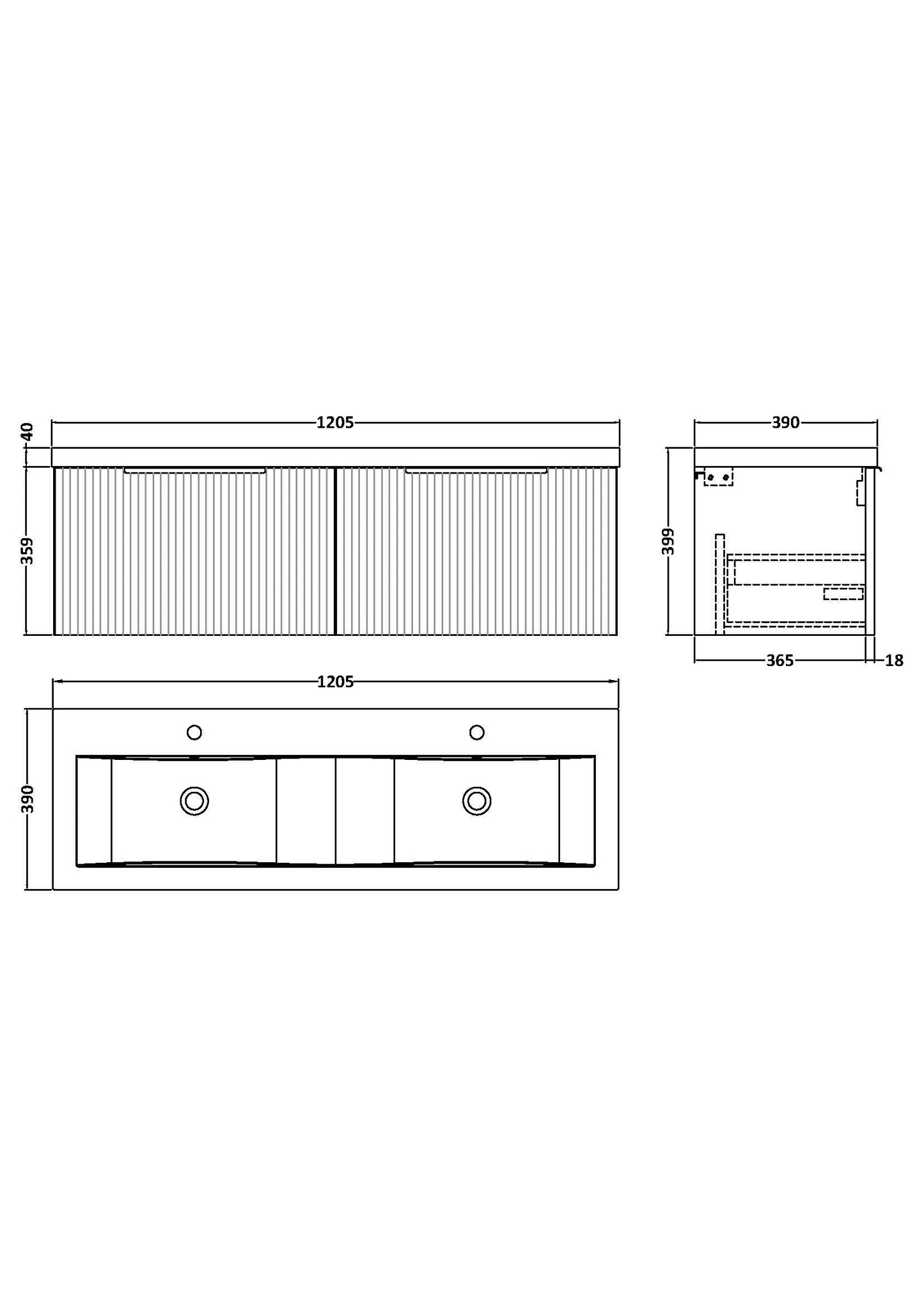 Hudson Reed Fluted 1200mm Wall Hung 2-Drawer Vanity Unit & Double Basin