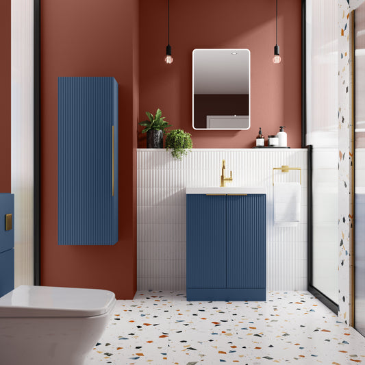 Hudson Reed Fluted 500mm Satin Blue Floor Standing 2-Door Vanity Unit With Basin