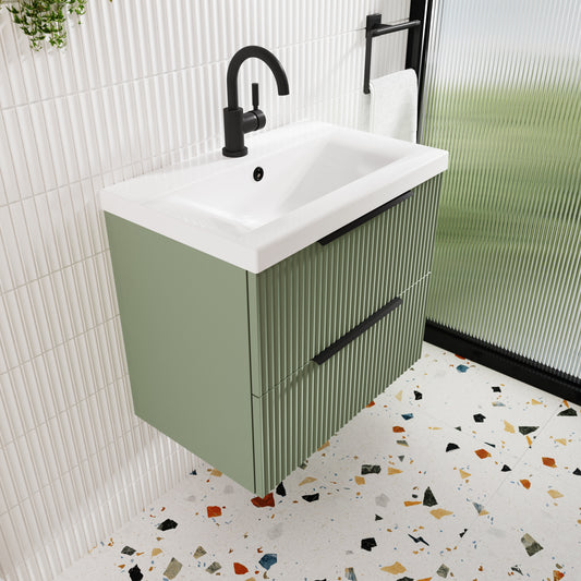 Hudson Reed Fluted 600mm Satin Green Wall Hung 2-Drawer Vanity Unit With Basin
