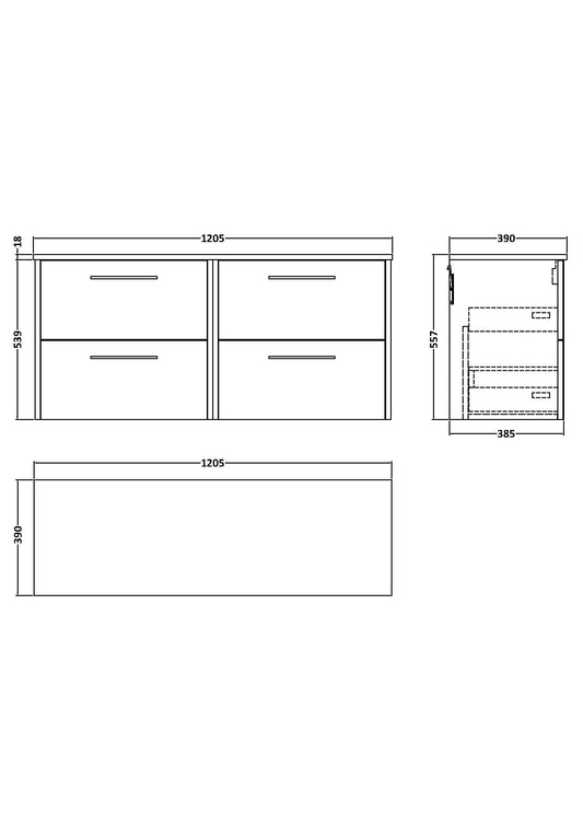 Hudson Reed Juno 1200mm Autumn Oak Wall Hung 4-Drawer Vanity Unit With Worktop