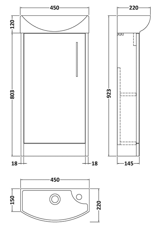 Juno Compact 440mm Floor Standing Single Door Unit and 1 Tap Hole Basin Left Hand