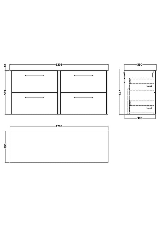 Hudson Reed Juno 1200mm Metallic Slate 4 Drawer Wall Hung Vanity Unit With Worktop