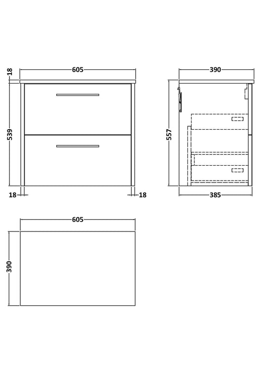 Hudson Reed Juno 600mm Wall Hung 2-Drawer Vanity Unit With Worktop