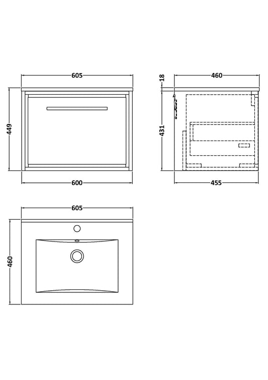 Lille 600mm Wall Hung Single Drawer Vanity with Basin - 1 Tap Hole